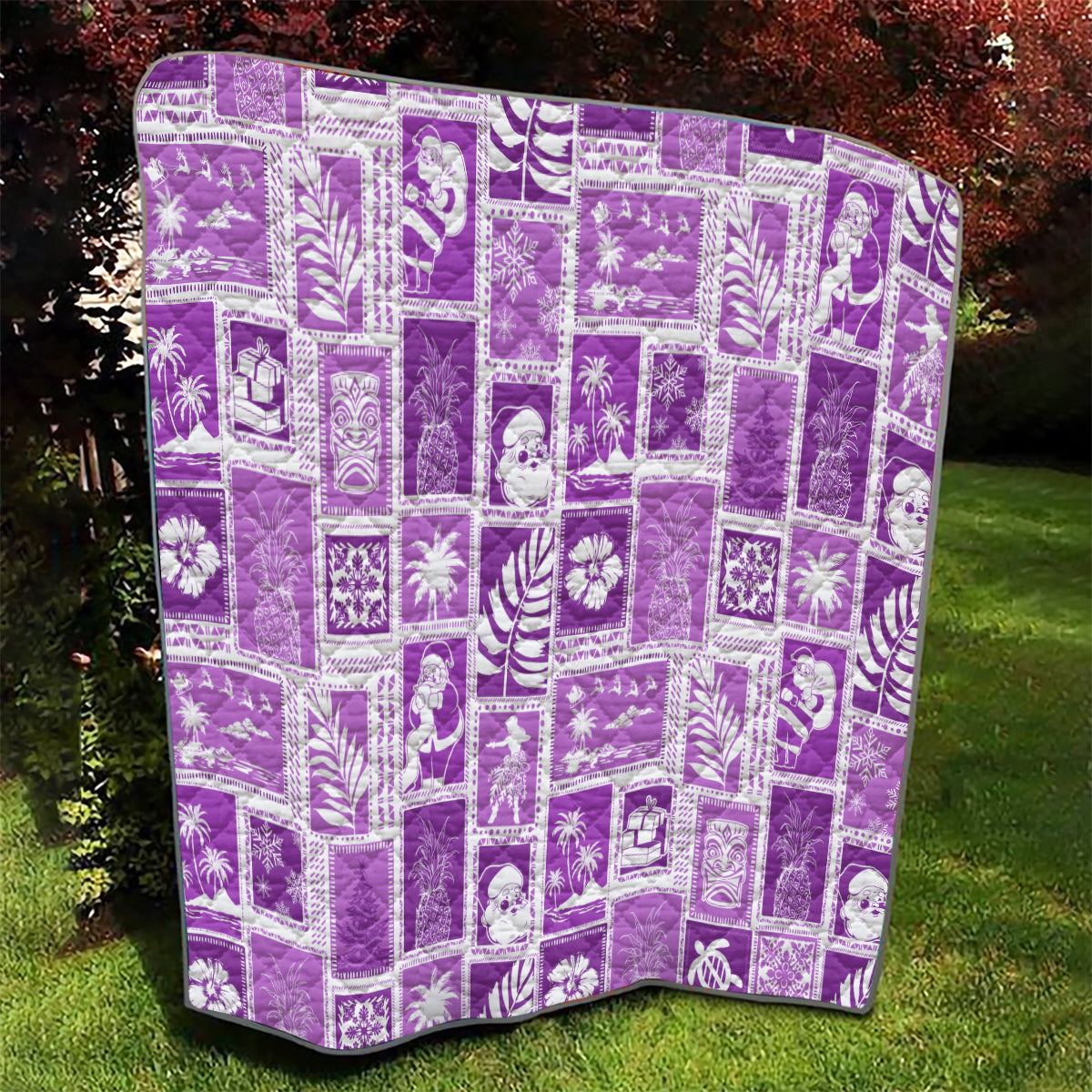 Violet Hawaiian patchwork quilt with white geometric and island-themed patch blocks