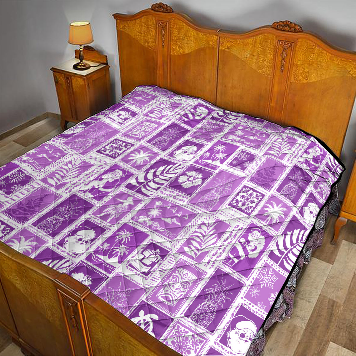 Violet Hawaiian patchwork quilt neatly laid on a bed with white printed squares