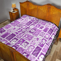 Violet Hawaiian patchwork quilt neatly laid on a bed with white printed squares
