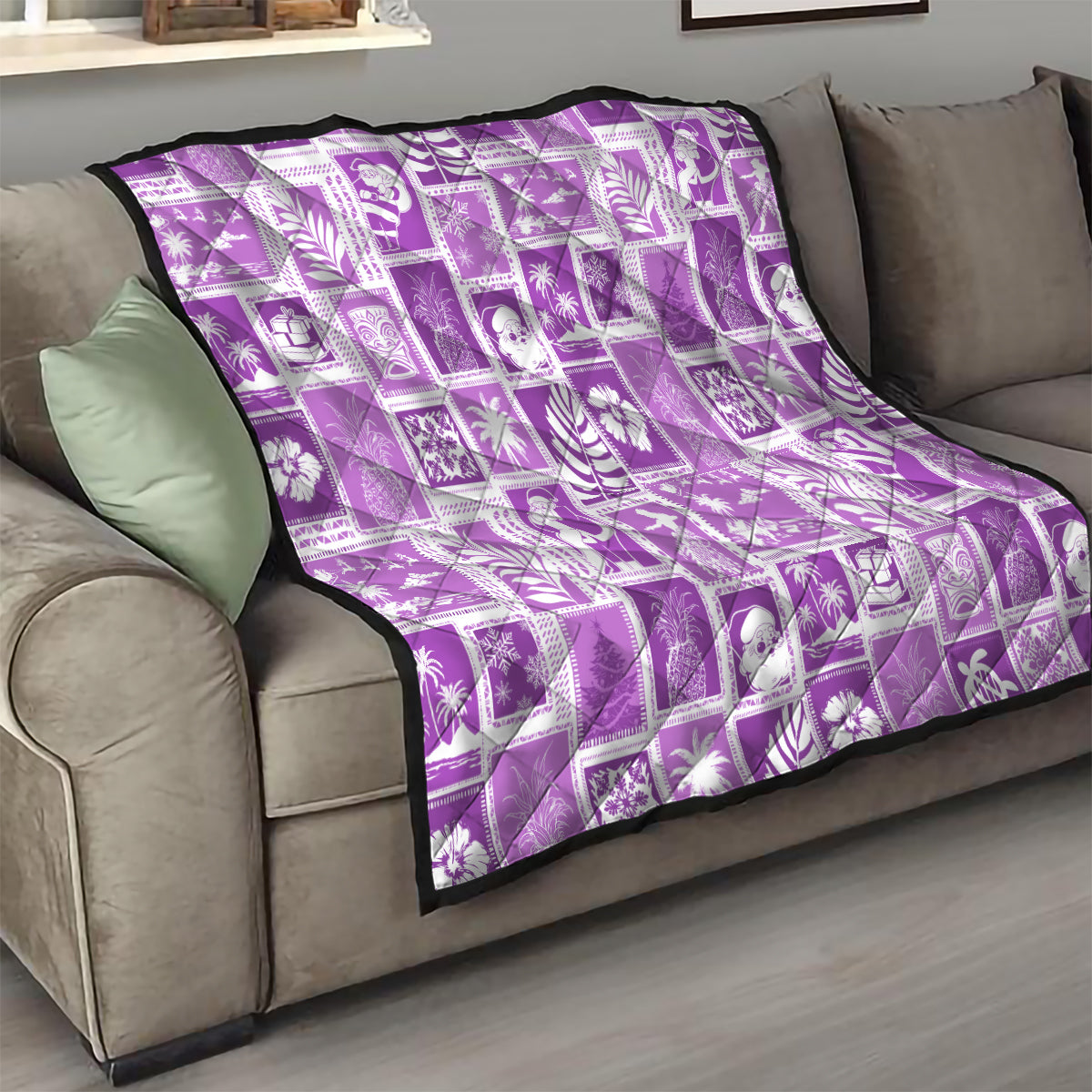 Violet Hawaiian patchwork quilt on a living room sofa with white square patch pattern