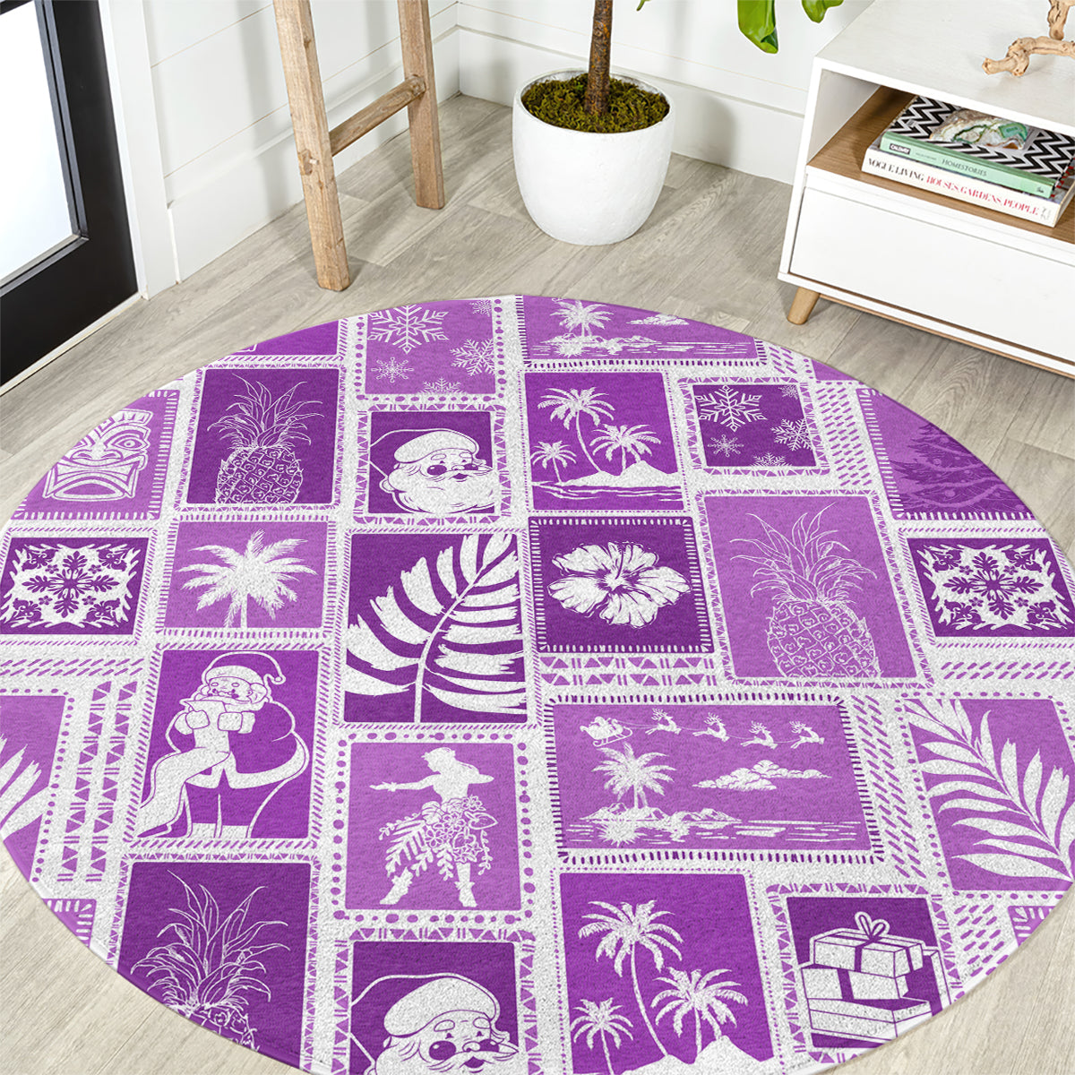 Violet round patchwork area rug with white tropical and holiday motif blocks