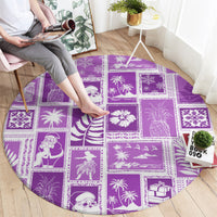 Violet round patchwork area rug with white island icon squares
