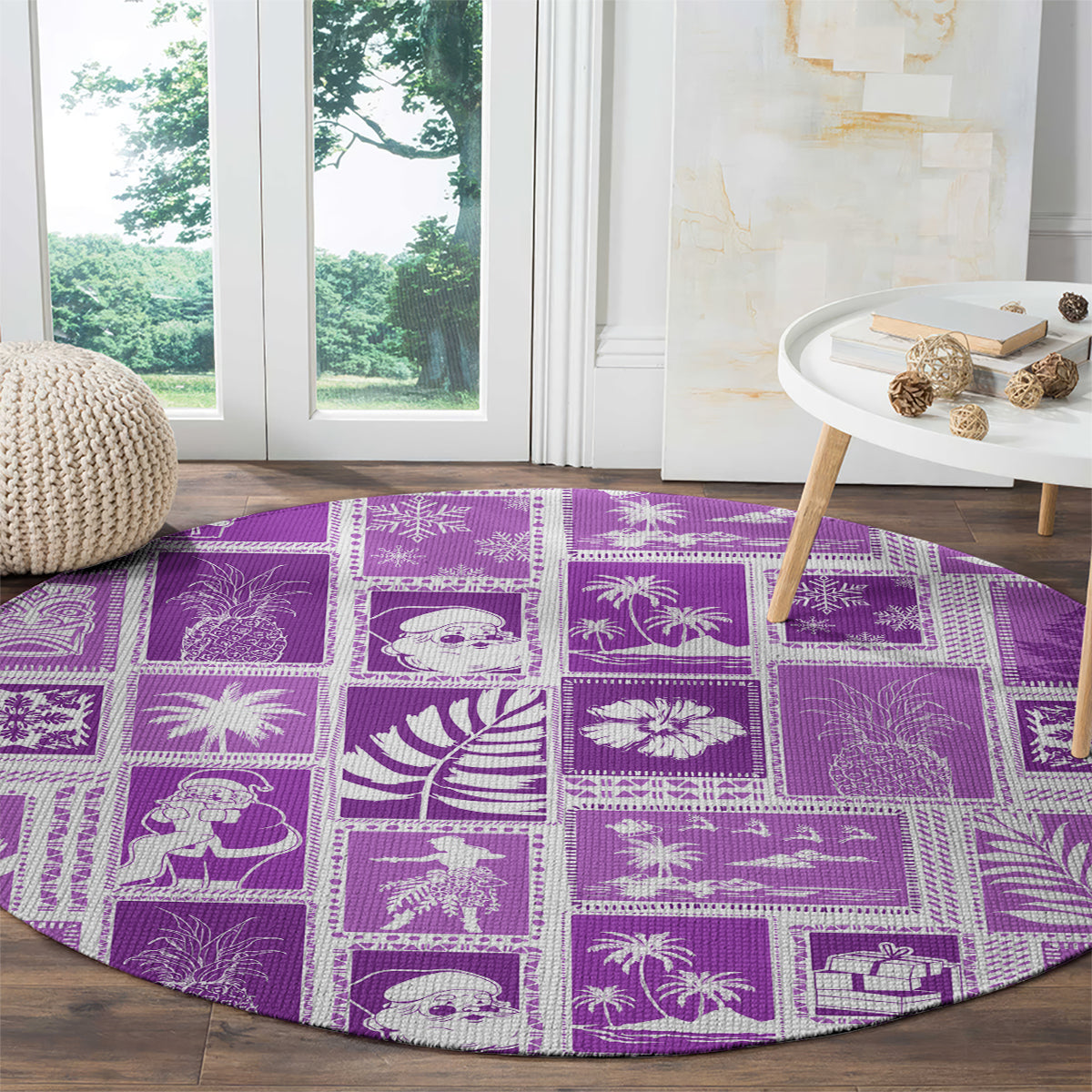 Violet round patchwork area rug with white illustrated beach scene and palm squares