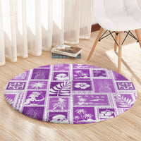 Violet round patchwork area rug with white retro motifs and gift box square pattern