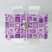 Violet patchwork tablecloth with tropical motifs and holiday icons.