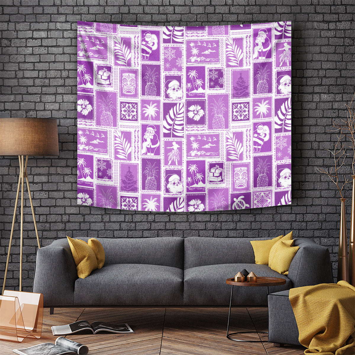 Violet patchwork tapestry with white retro island and holiday icon blocks