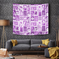 Violet patchwork tapestry with white retro island and holiday icon blocks