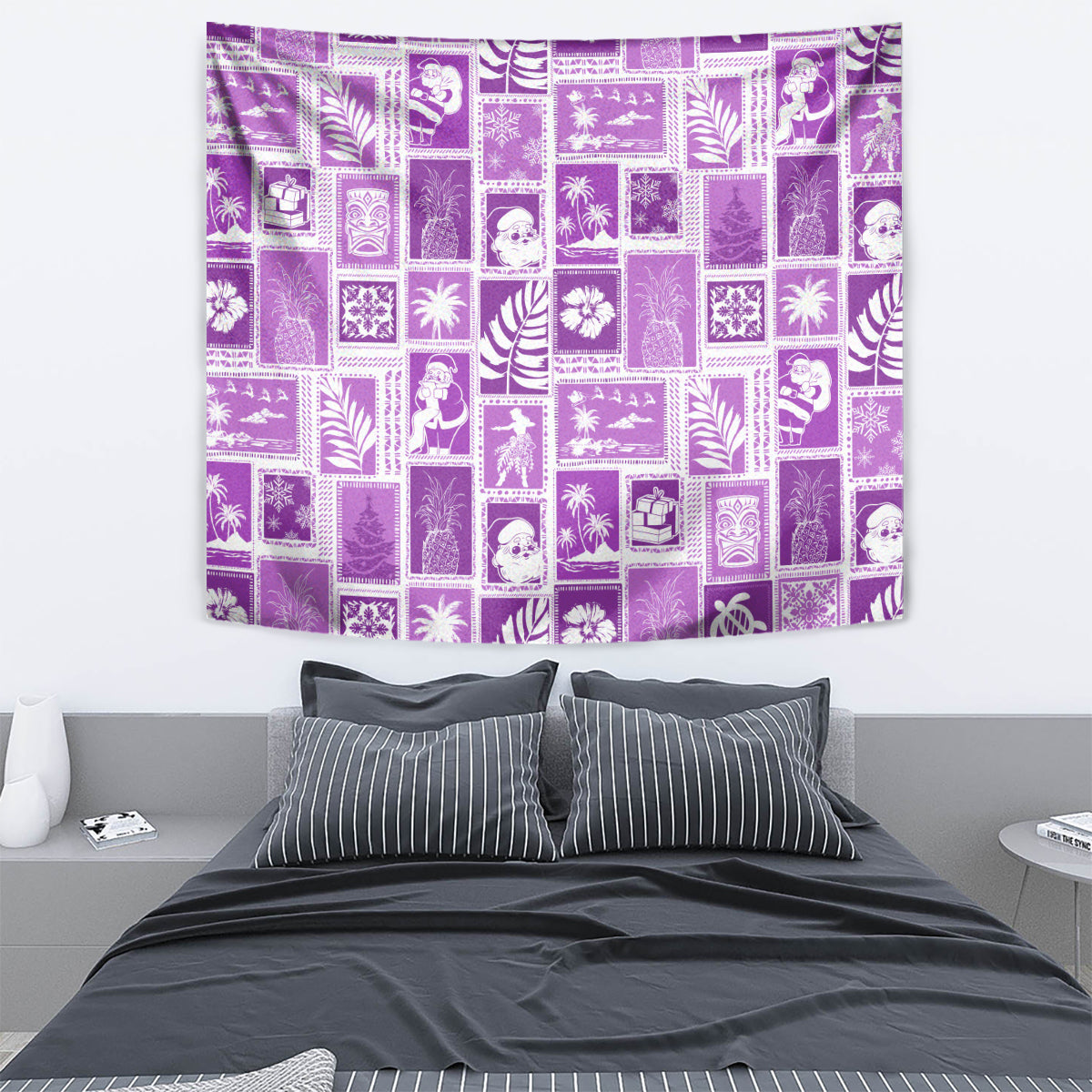 Violet retro patchwork tapestry with white island-themed icon squares
