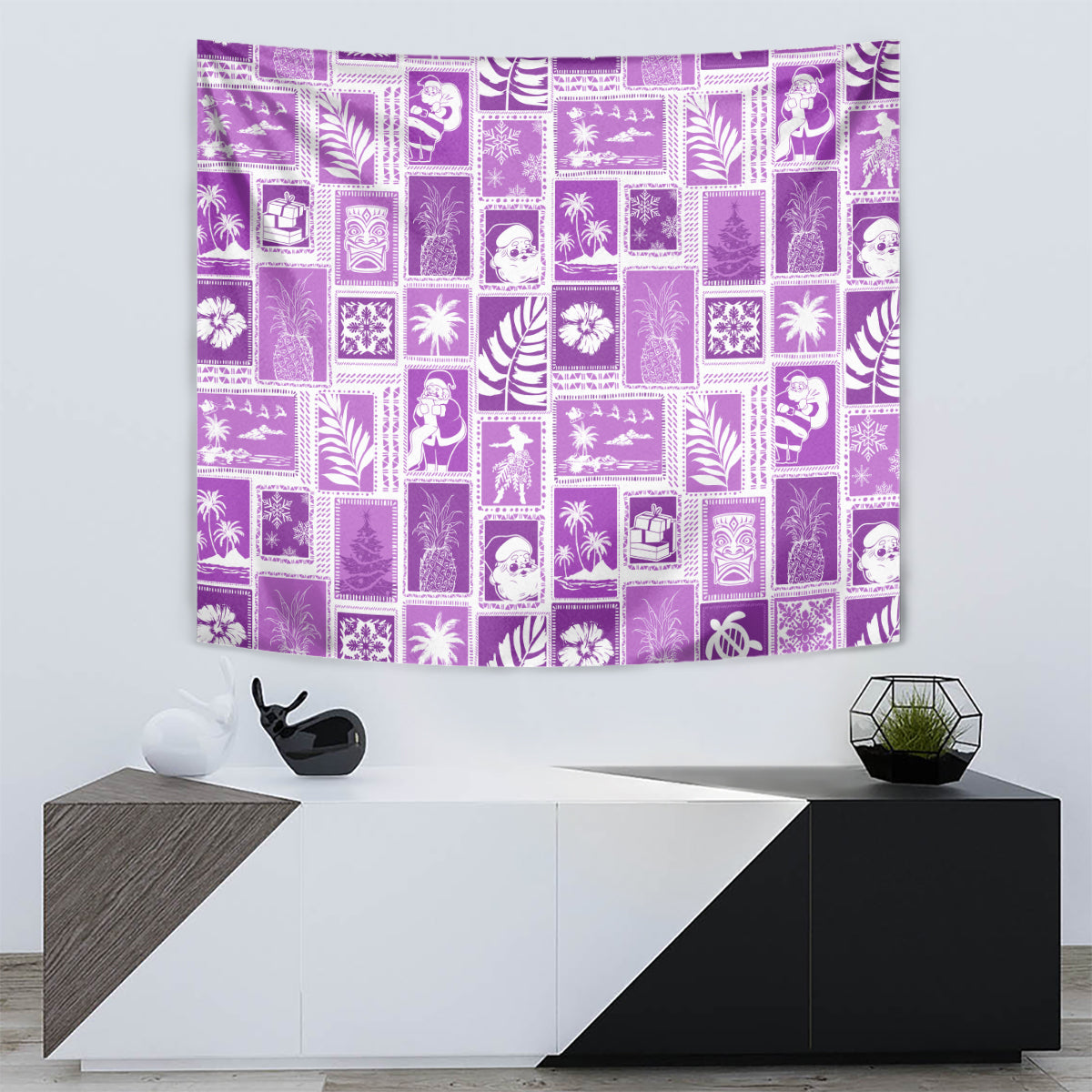 Violet patchwork wall tapestry with white tropical and holiday motif squares