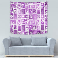 Violet patchwork tapestry with white retro icon tiles and repeating patterns