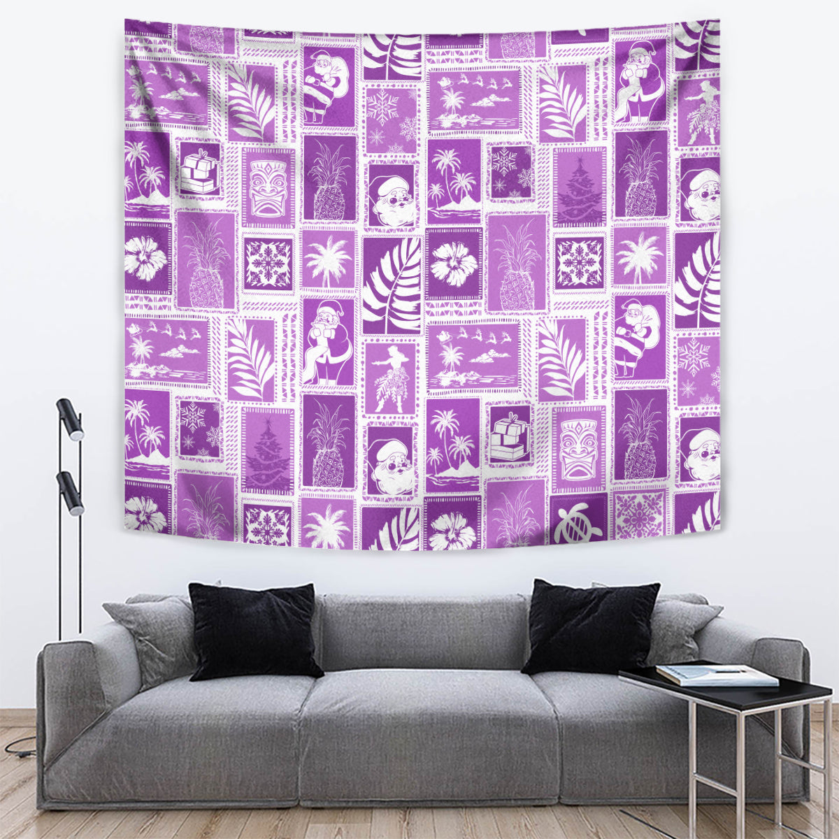 Violet retro patchwork tapestry with white tropical and festive symbol tiles
