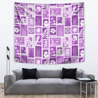 Violet retro patchwork tapestry with white tropical and festive symbol tiles