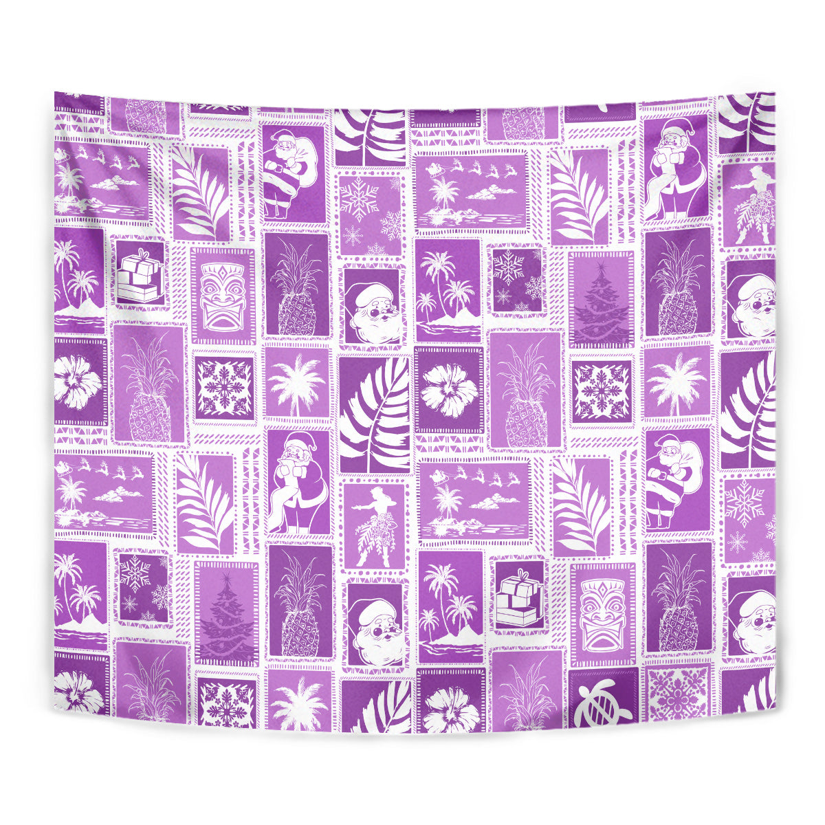 Violet patchwork tapestry close view with white icon squares and palm leaf motifs