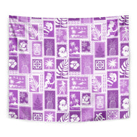 Violet patchwork tapestry close view with white icon squares and palm leaf motifs