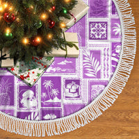 Violet patchwork tree skirt with close-up white fringe trim
