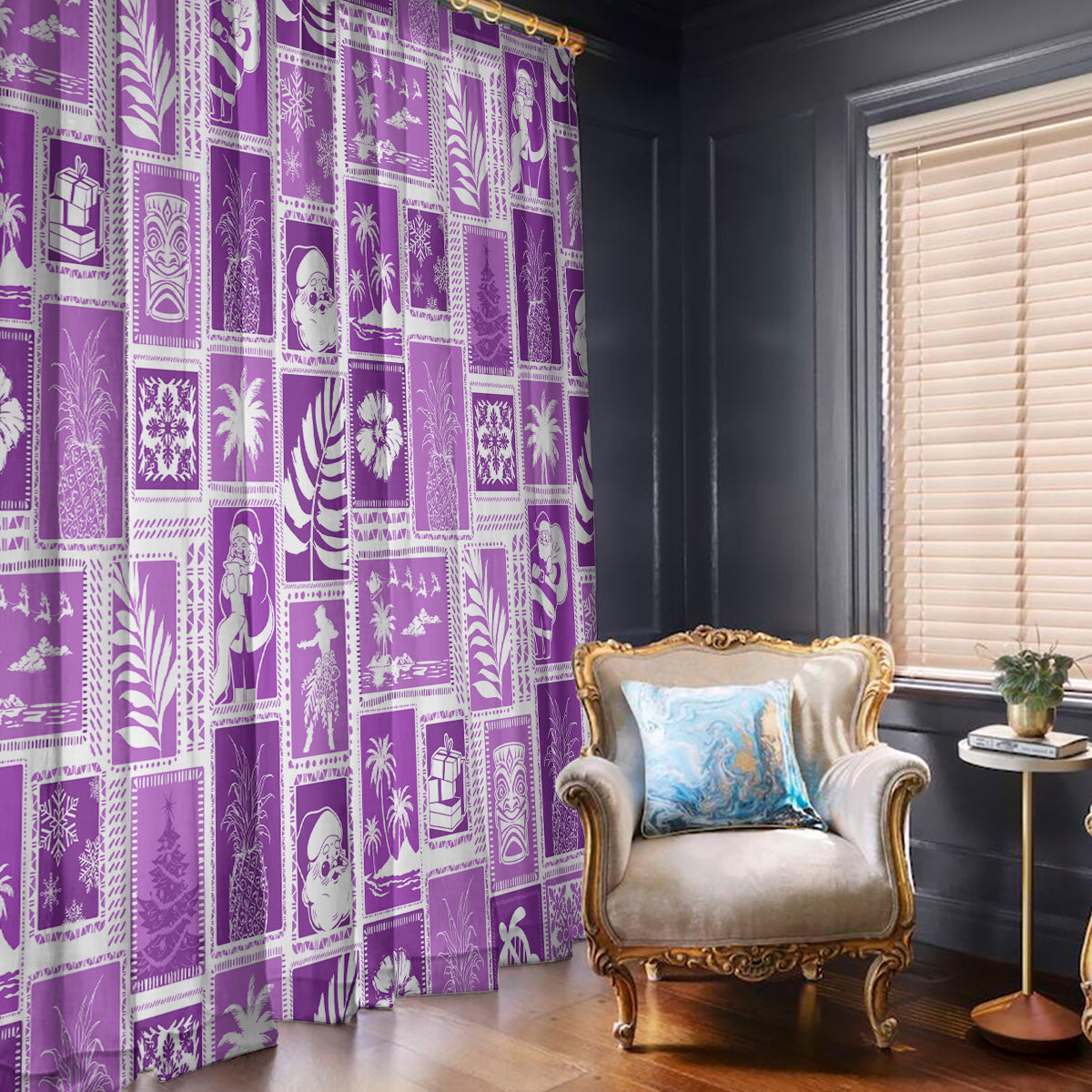 Violet patchwork curtain panels with printed holiday/tropical motifs beside a window.