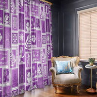 Violet patchwork curtain panels with printed holiday/tropical motifs beside a window.