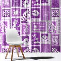 Violet curtain with patchwork print of tropical leaves, snowflakes, and gift motifs.