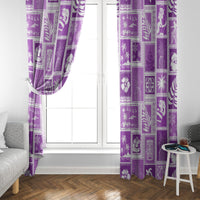 Violet patchwork curtain panels with holiday/tropical prints, draped at window openings.
