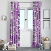 Violet patchwork curtains with repeating holiday/tropical blocks, hanging on both sides of door.