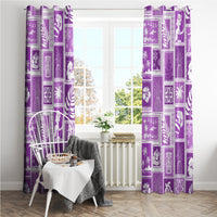 Violet patchwork curtains with repeating island-and-holiday print pattern, floor-length.