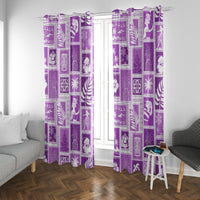 Violet patchwork curtain panels with island and holiday motif blocks, draped to floor.