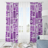 Violet patchwork curtains with bright repeating holiday/tropical prints, two side panels and rings.