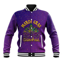 Purple baseball jacket with Mardi Gras Carnival graphic, confetti dots, striped collar and cuffs