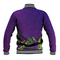 Purple baseball jacket with confetti dots and peacock-feather back graphic, striped cuffs
