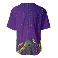 Purple button-front baseball jersey with colorful confetti speckles and feather design