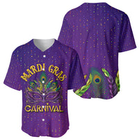 Purple button-front baseball jersey with confetti dots; carnival mask front and feather back