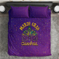 Purple Mardi Gras confetti bedding set with two matching pillowcases and central carnival mask print