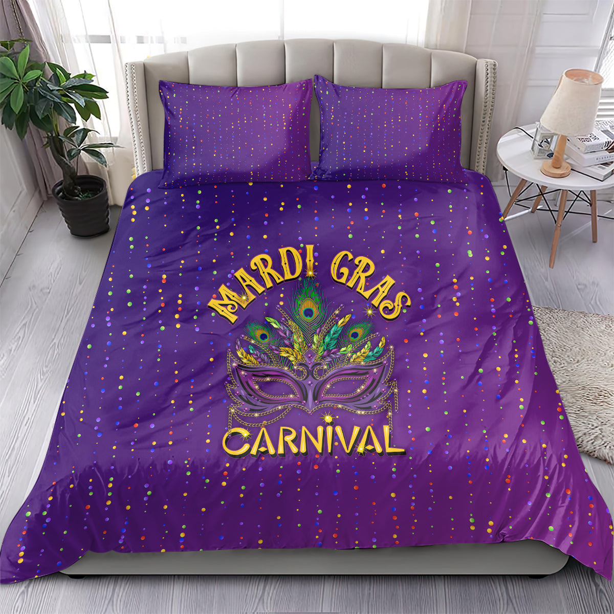 Purple bedding set with confetti dots, two pillows, and colorful Mardi Gras Carnival graphic