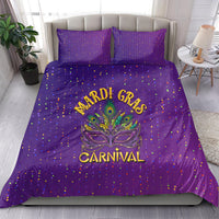 Purple bedding set with confetti dots, two pillows, and colorful Mardi Gras Carnival graphic