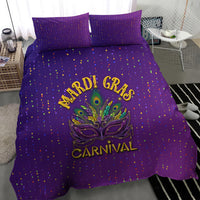 Purple confetti duvet cover set with two pillowcases featuring Mardi Gras Carnival mask artwork