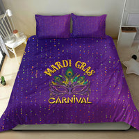 Purple Mardi Gras bedding set with confetti speckles, two pillows, and central mask “Carnival” text