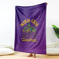Purple confetti throw blanket with Mardi Gras carnival mask and CARNIVAL lettering