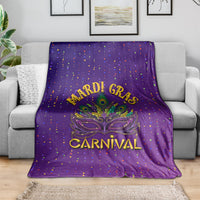 Purple carnival blanket with gold mask design, dotted confetti pattern, and CARNIVAL