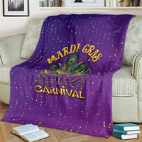 Purple blanket with Mardi Gras mask, CARNIVAL lettering, and multicolor confetti dots