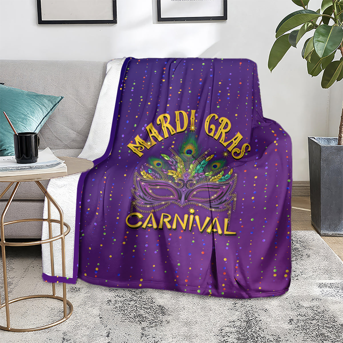 Purple Mardi Gras blanket featuring carnival mask, CARNIVAL words, and colorful confetti