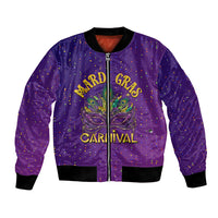 Purple festive bomber jacket with Mardi Gras Carnival graphic and confetti dots