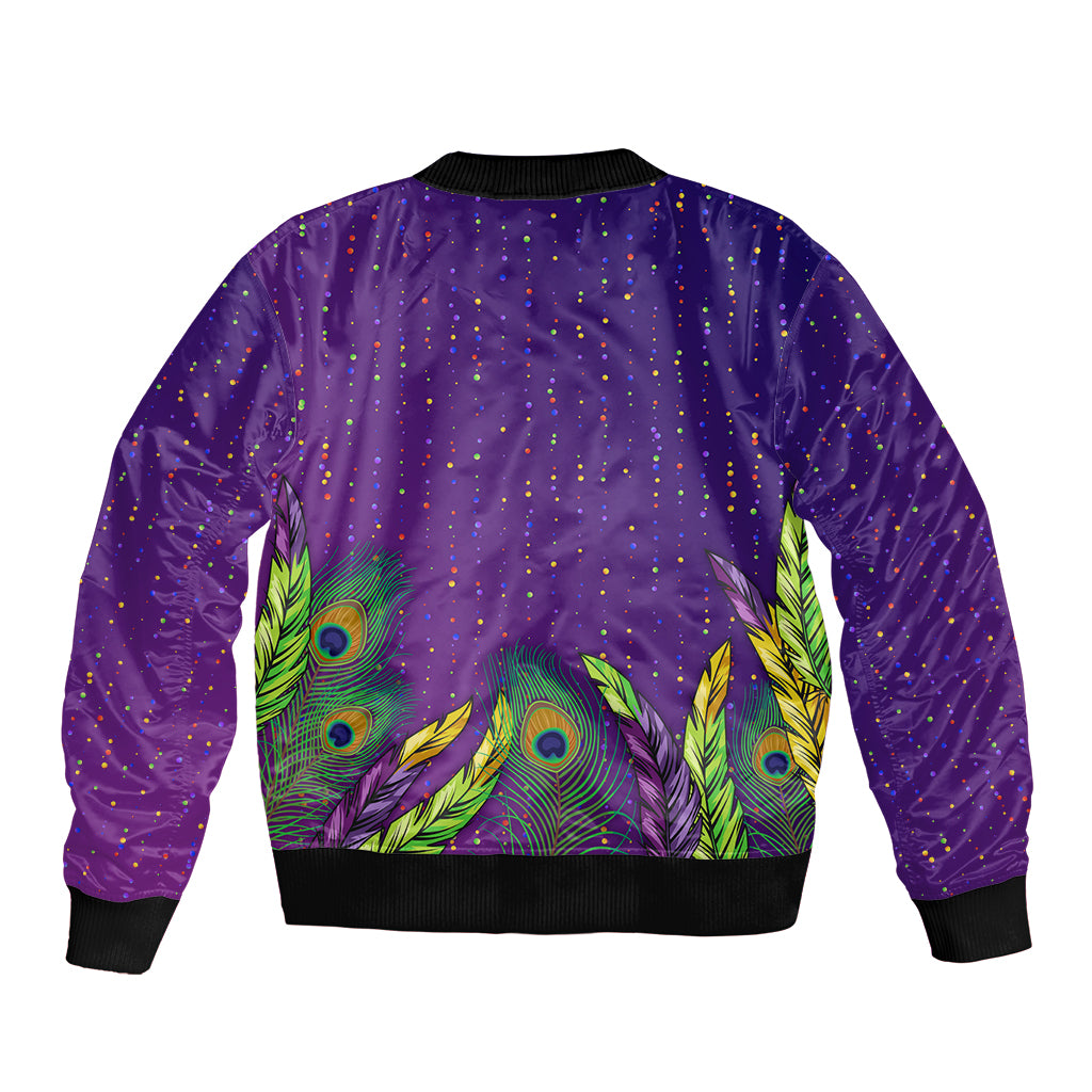 Purple bomber jacket with peacock feather design and confetti speckles