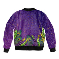 Purple bomber jacket with peacock feather design and confetti speckles