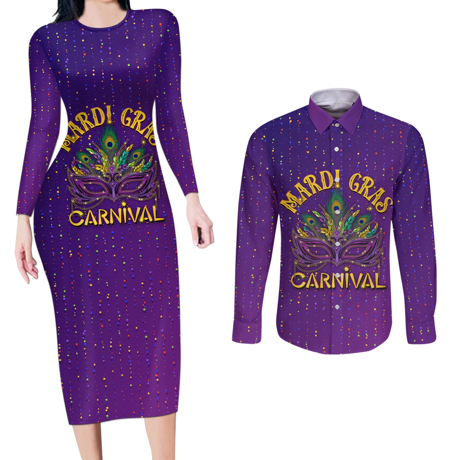 Mardi Gras Festive Confetti Couples Matching Long Sleeve Bodycon Dress and Long Sleeve Button Shirt LT7 - Wonder Print Shop