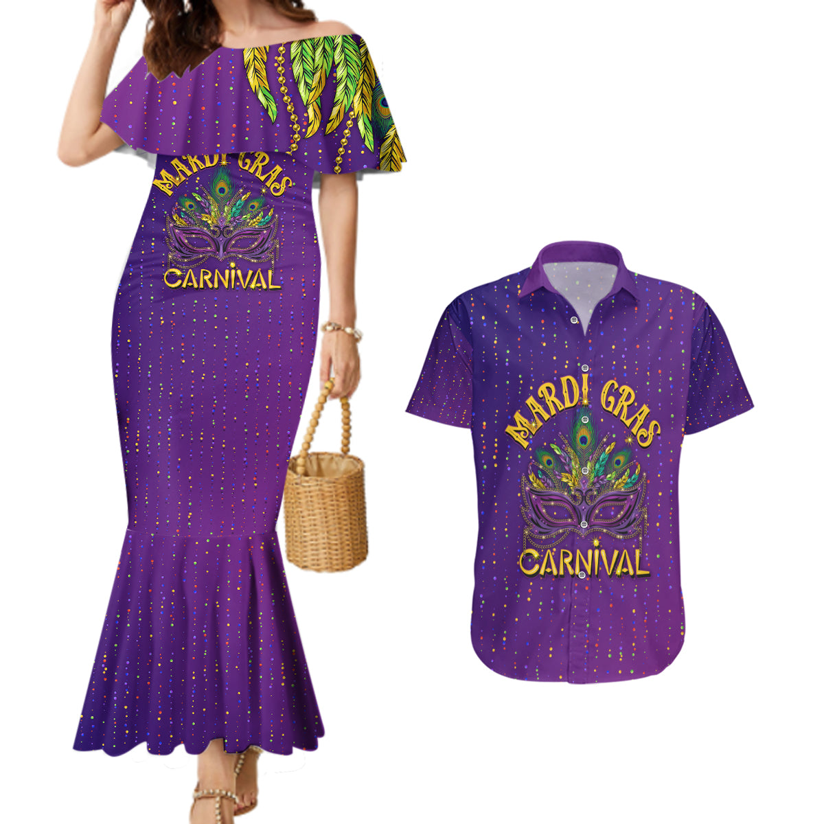 Mardi Gras Festive Confetti Couples Matching Mermaid Dress and Hawaiian Shirt LT7 - Wonder Print Shop