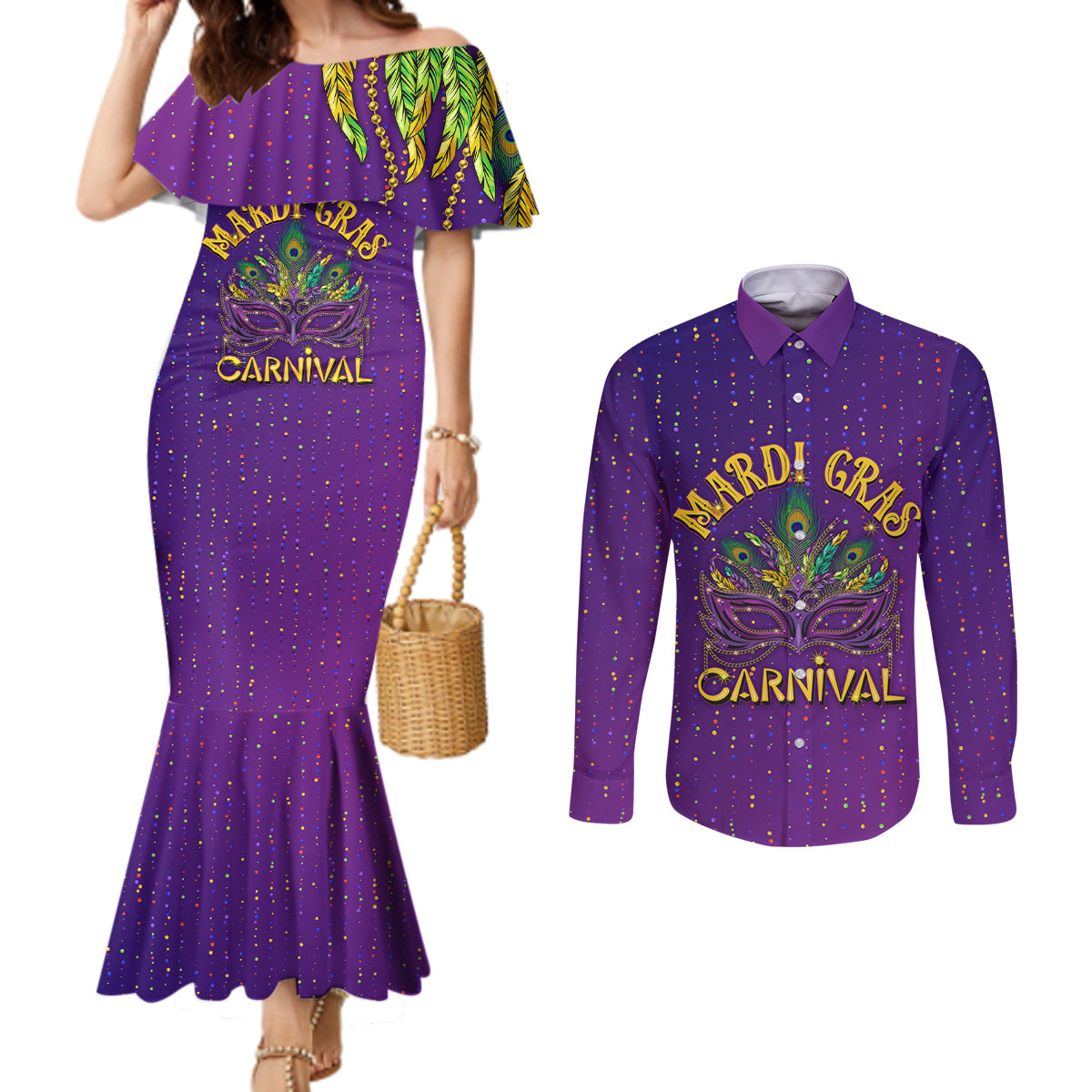 Mardi Gras Festive Confetti Couples Matching Mermaid Dress and Long Sleeve Button Shirt