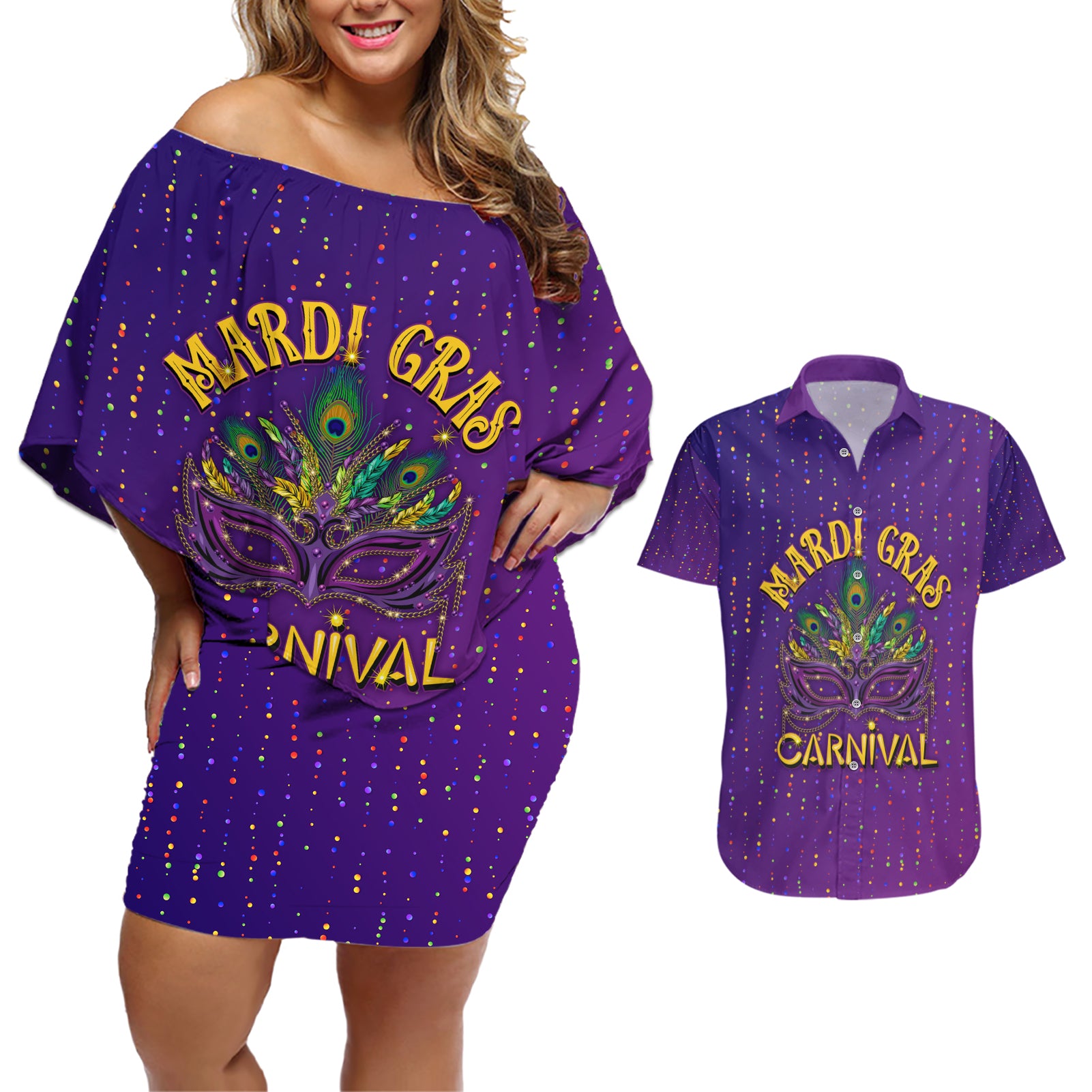 Mardi Gras Festive Confetti Couples Matching Off Shoulder Short Dress and Hawaiian Shirt LT7 - Wonder Print Shop