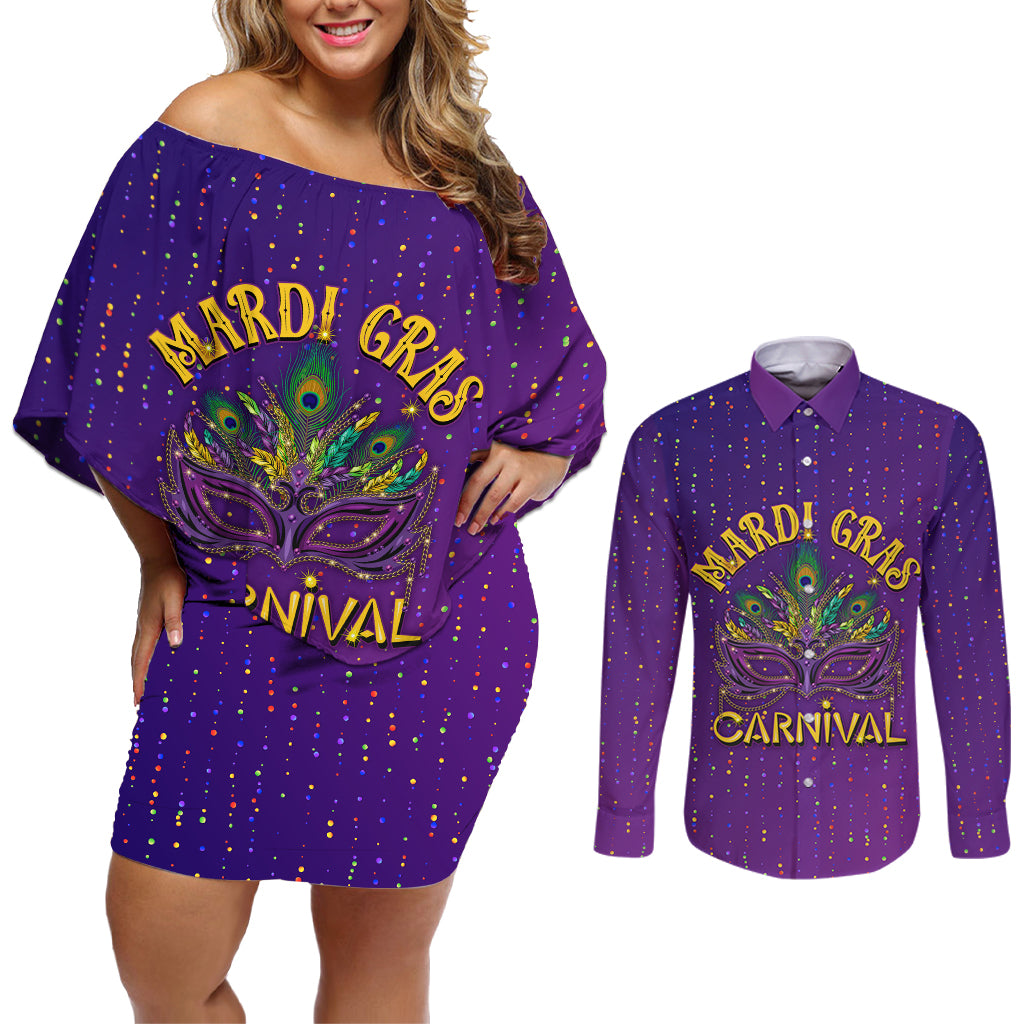 Mardi Gras Festive Confetti Couples Matching Off Shoulder Short Dress and Long Sleeve Button Shirt LT7 - Wonder Print Shop