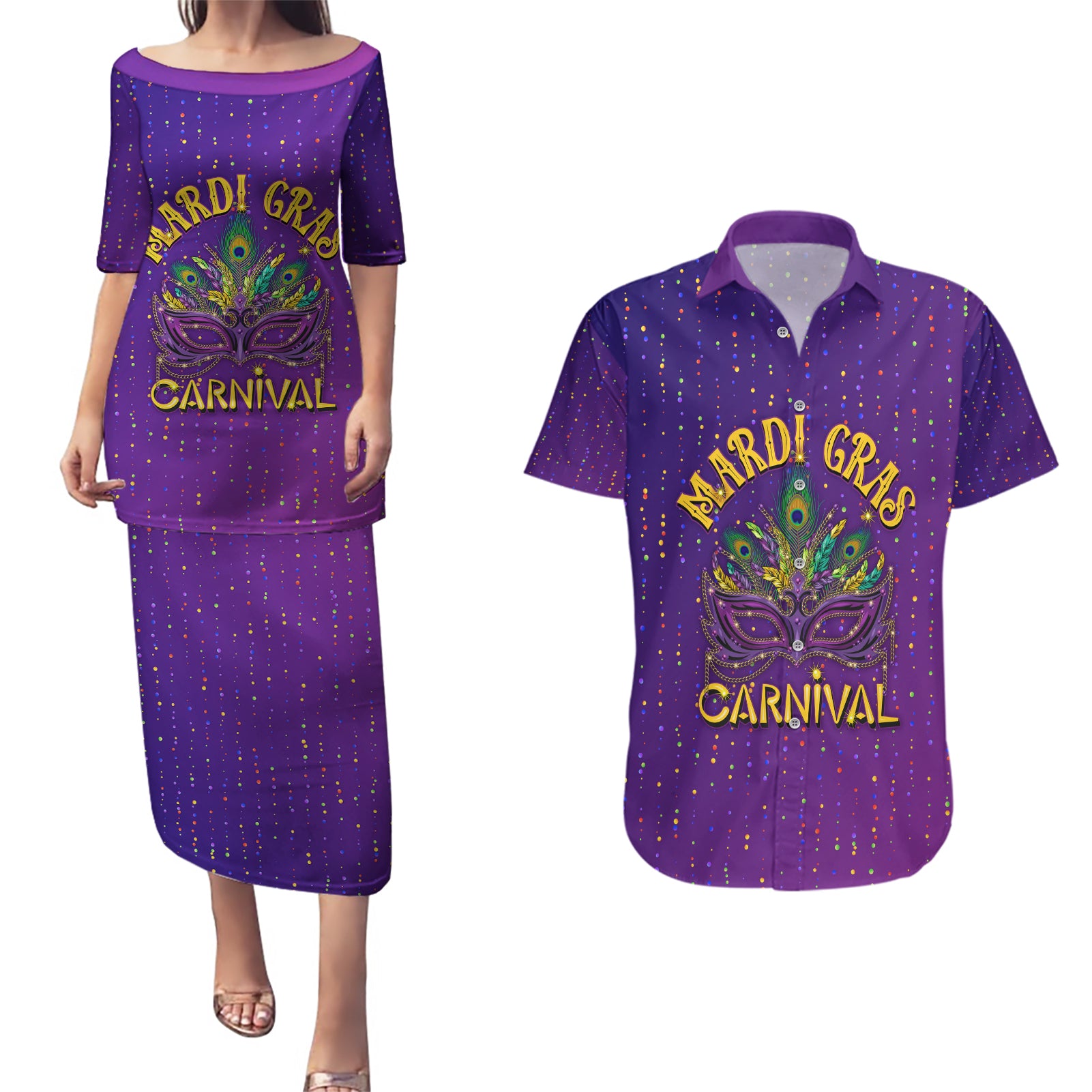 Mardi Gras Festive Confetti Couples Matching Puletasi and Hawaiian Shirt LT7 - Wonder Print Shop