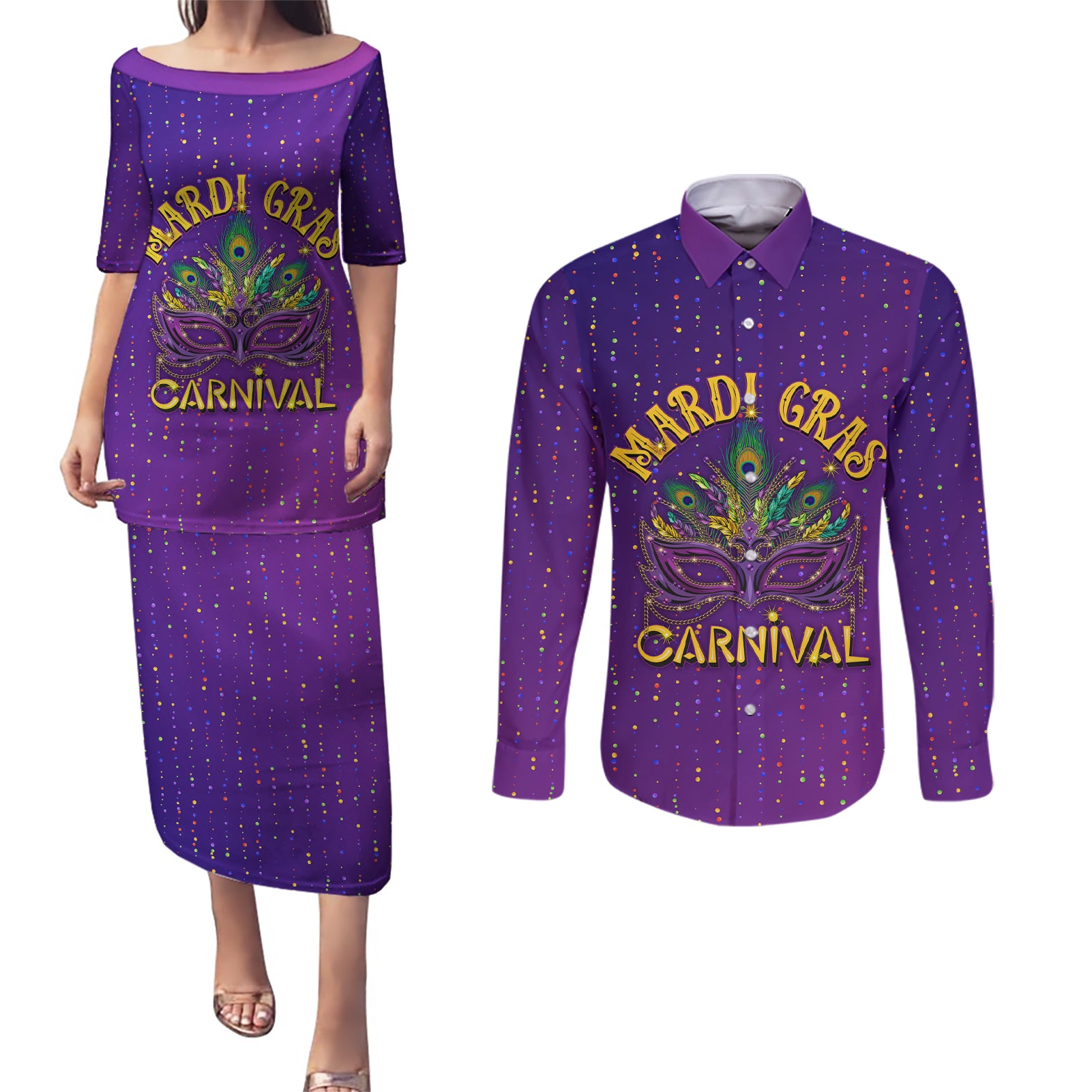 Mardi Gras Festive Confetti Couples Matching Puletasi and Long Sleeve Button Shirt LT7 - Wonder Print Shop